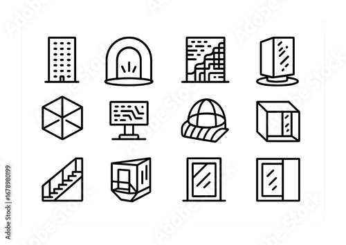 Futuristic Facade Icons. Outline icon set of Futuristic facades: LED tower, glowing arch, dynamic screen wall,
