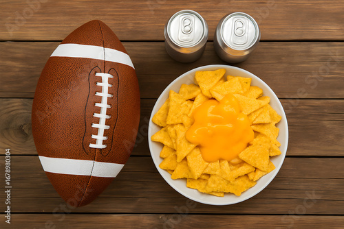 American football, nachos, and two soda cans on rustic wooden table