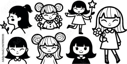 Cute girls with magic wands and flowers in black and white vector design for children and fairy tales illustration