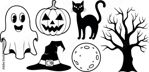 Halloween spooky ghost pumpkin black cat witch hat full moon and tree vector icons collection