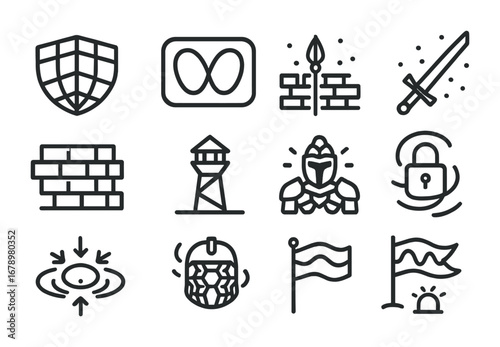 Quantum Defense Icons. Outline icon set of Quantum defense: holographic shield, entangled gate, probability