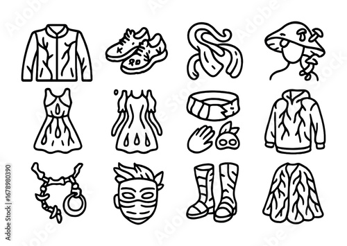 Bio-Fashion Icon Set. Outline icon set of Bio-fashion mutants: hybrid jacket with veins, moss-grown sneakers,