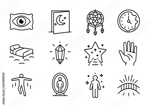 Lucid Dream Icons. Outline icon set of Lucid dreaming: open eye in sleep, moonlit door, dreamcatcher circle,