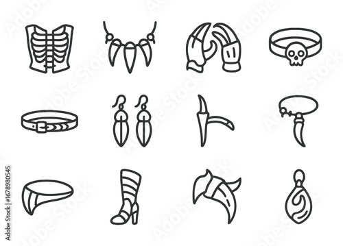 Bone and Chitin Icons. Outline icon set of Bone and chitin fashion: ribcage corset, fang necklace, clawed