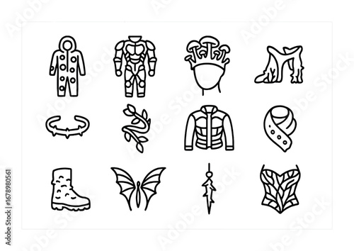 Post-Human Fashion Icons. Outline icon set of Post-human fashion: glowing bioluminescent suit, hybrid