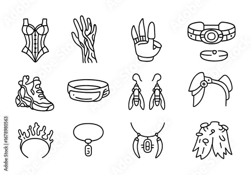Biomechanical Fashion Icons. Outline icon set of Biomechanical fashion: exoskeleton corset, cyber-root glove,