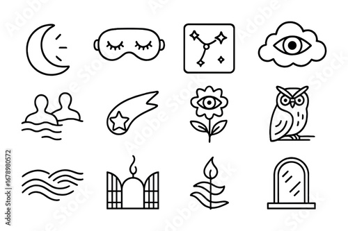 Night Vision Icons. Outline icon set of Night visions: glowing moon, sleeping mask, star chart, eye in cloud,