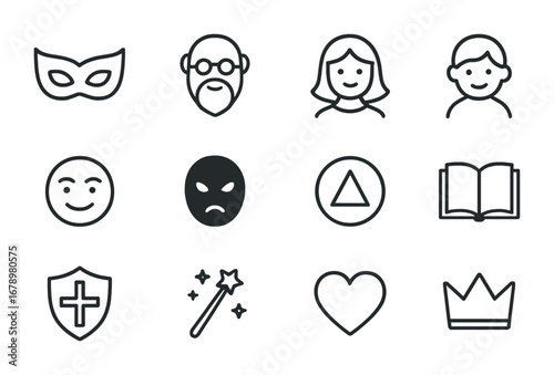 Inner Archetype Icons. Outline icon set of Inner archetypes: hero mask, wise old man, mother figure, child