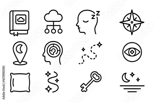 Dream Mapping Icons. Outline icon set of Dream mapping: dream journal, cloud map, sleeping head, star compass,