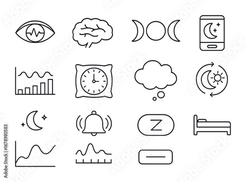 Sleep Cycle Icons. Outline icon set of Sleep cycles: REM eye, brain waves, moon phases, digital sleep tracker,