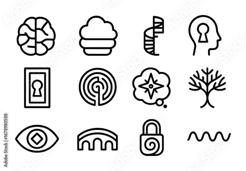 Subconscious Cartography Icons. Outline icon set of Subconscious cartography: brain map, layered dream cloud,