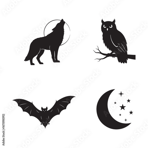 Silhouette illustrations of nocturnal animals and celestial bodies including a howling wolf an owl on a branch a bat and a crescent moon with stars