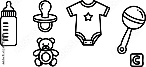 Baby essentials set with bottle pacifier teddy onesie rattle and block vector icons for childcare and infant care