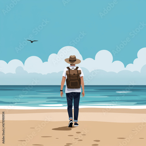 Solo Traveler Walking on a Sandy Beach by the Ocean