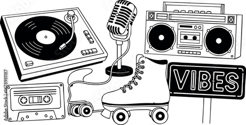 Retro music and entertainment elements with roller skate microphone turntable cassette and boombox vibes sign vintage style vector illustration