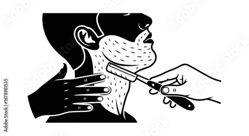 Man getting a close shave with a straight razor at a barbershop.