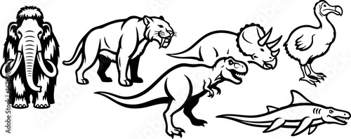 Prehistoric animals vector collection including mammoth saber tooth tiger triceratops dodo tyrannosaurus shark illustration black and white