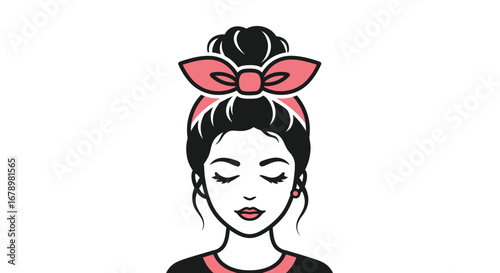 Peaceful Young Woman with Pink Ribbon Hair Bun.