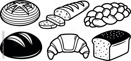 Various types of bread vector set including round, baguette, braided, loaf, croissant, and rustic bread illustrations for bakery designs