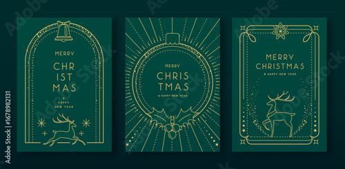 Tableau sur toile Set of modern Christmas frames or holiday greeting cards on emerald green background