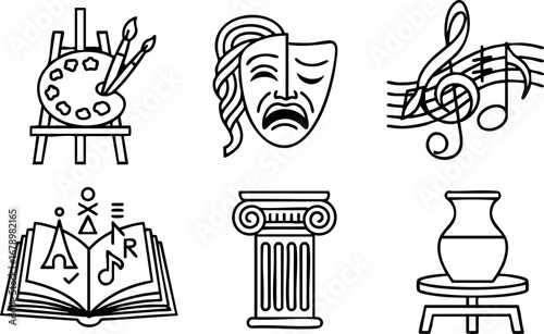 Artistic cultural symbols including painting theater music literature architecture and pottery vector icons set