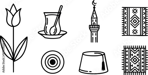 Turkish culture symbols tulip tea glass minaret carpet and plate vector line art design