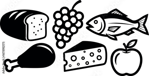 Food icons set with bread grapes fish chicken cheese apple in simple black and white style vector illustration