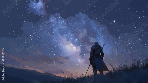 Fantasy knight with a sword contemplates the vast cosmos and galaxy under a beautiful starlit sky