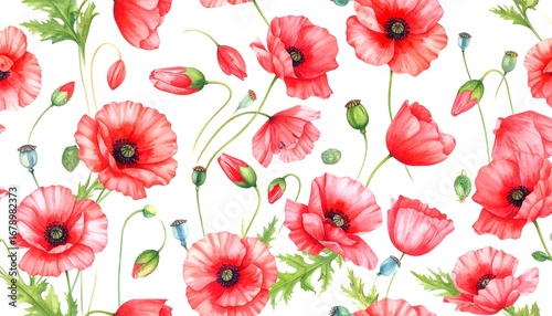 Watercolor poppy flower seamless pattern
