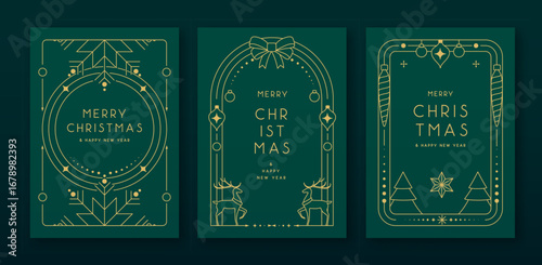 Set of modern Christmas frames or holiday greeting cards on emerald green background. Line art vector illustration