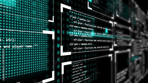 futuristic high tech background with glowing programming code, data streams, and abstract interface elements animation