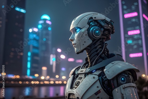 A close-up of a futuristic white and gray humanoid robot with details in the background of a blurred modern city night sky. Design illustration.