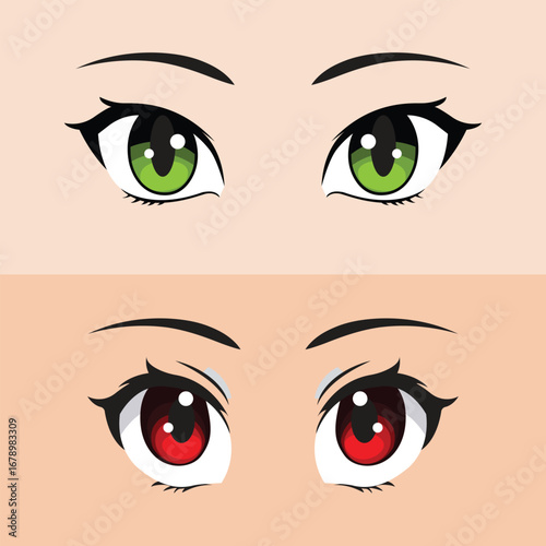 Anime Eyes Set Green and Red Eyes in Anime Style
