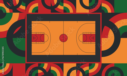 Basketball Court. Basketball design. Street sport art. Game Day. Basketball playoff. Final games. Team championship. Ball for Basketball. Sport creative poster. Modern graphic. Vector wallpaper