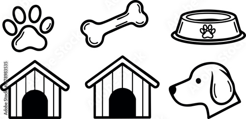 Dog icons with paw print, bone, bowl, house, and head silhouette in simple black line style for pet care and animal themes