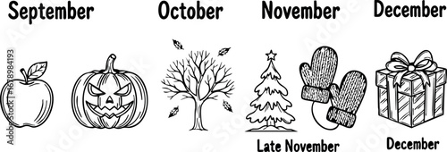 September to December seasonal icons featuring apple pumpkin tree mittens gift autumn themes vector illustration
