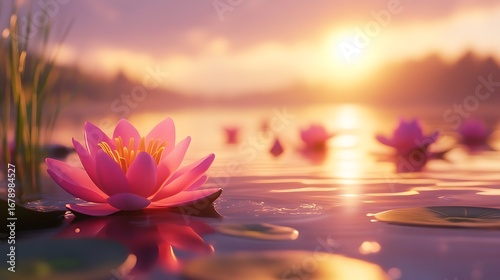 Pink Water Lily Blossom at Sunset Over Calm Water