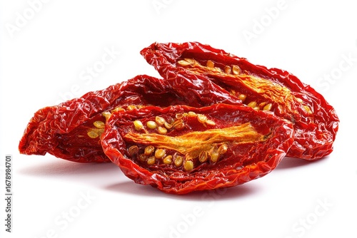 Sun-dried tomato slices against white background