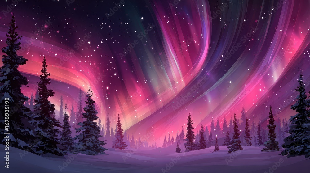 Naklejka premium Swirling Aurora Borealis paints the sky above snowy, forested, winter landscape