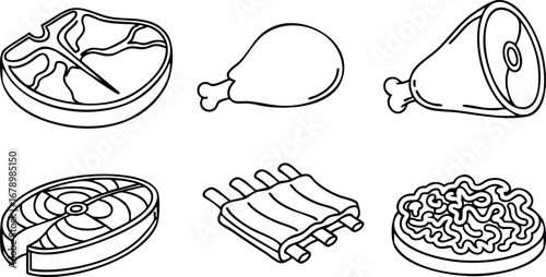 Various meat cuts vector set including steak drumstick ham ribs and minced meat illustrations for butchery design