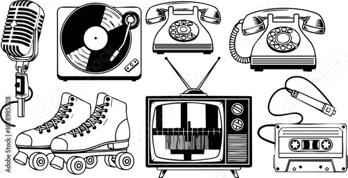 Retro vintage communication music and entertainment devices microphone vinyl roller skates television cassette telephone vector illustration