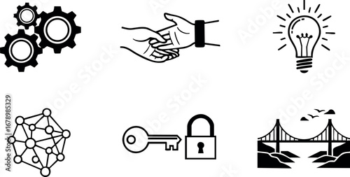 Vector icons of gears handshake lightbulb network key lock and bridge design elements for technology and business concepts