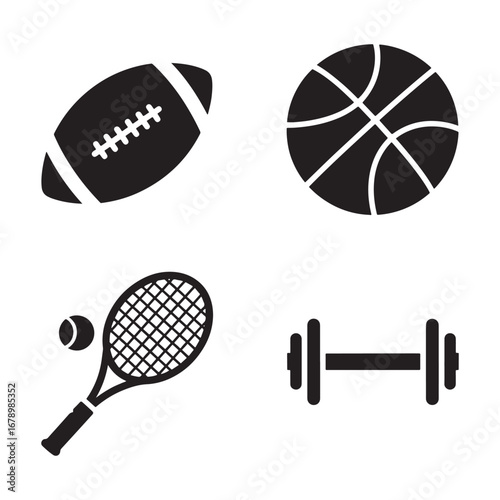 Sports and fitness icon set featuring football basketball tennis and dumbbell equipment for healthy lifestyle activity and athletic training in black and white minimalist design