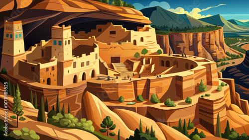 The Mesa Verde National Park in Colorado, USA preserves cliff dwellings carved into sandstone alcoves, showcasing the architectural ingenuity of the ancestral Puebloan civilization.