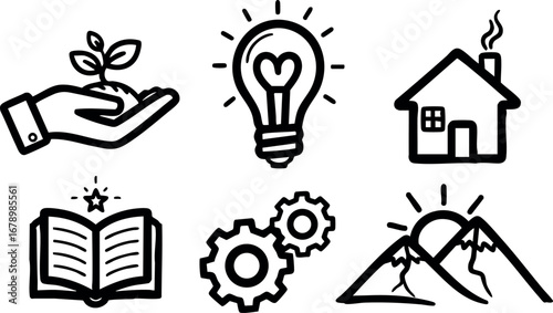 Hand holding plant seedling with light bulb house gears and mountain icons vector set for environmental and sustainable living concepts