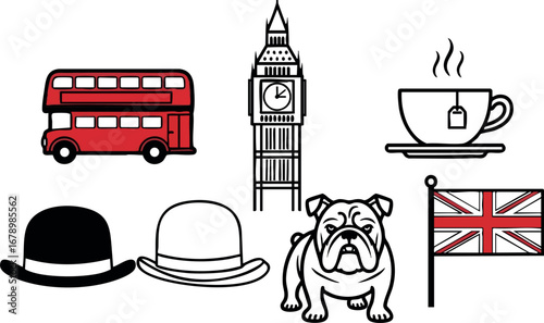 London icons red double decker bus Big Ben clock tower British flag bulldog and classic hats vector illustration