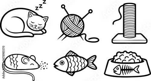 Sleeping cat with pet accessories including yarn ball, scratching post, mouse toy, fish, and cat food bowl vector set