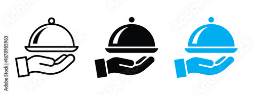 Three stylized icons of a hand holding a covered serving dish in black outline solid black and bright blue isolated on transparent background