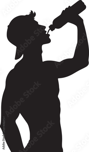 The image is a black silhouette of a muscular man wearing a backwards baseball cap, drinking from a plastic bottle, his arm raised high.