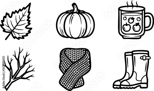 Autumn seasonal icons including leaf, pumpkin, hot drink, bare branch, scarf, and boots collection vector illustration